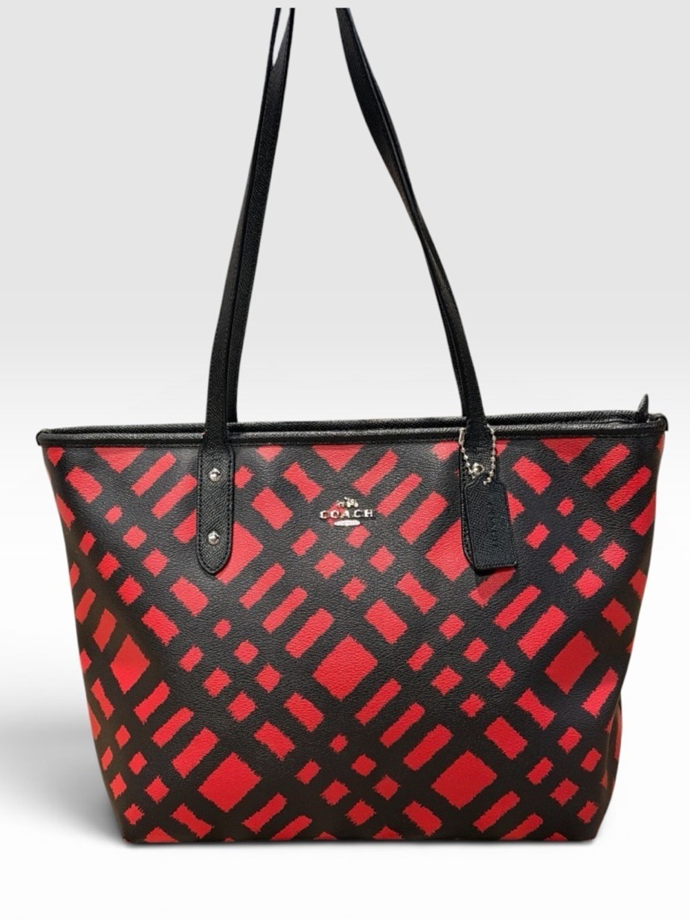 Coach F22246 City Zip Tote Bag Wild Red Plaid/Black